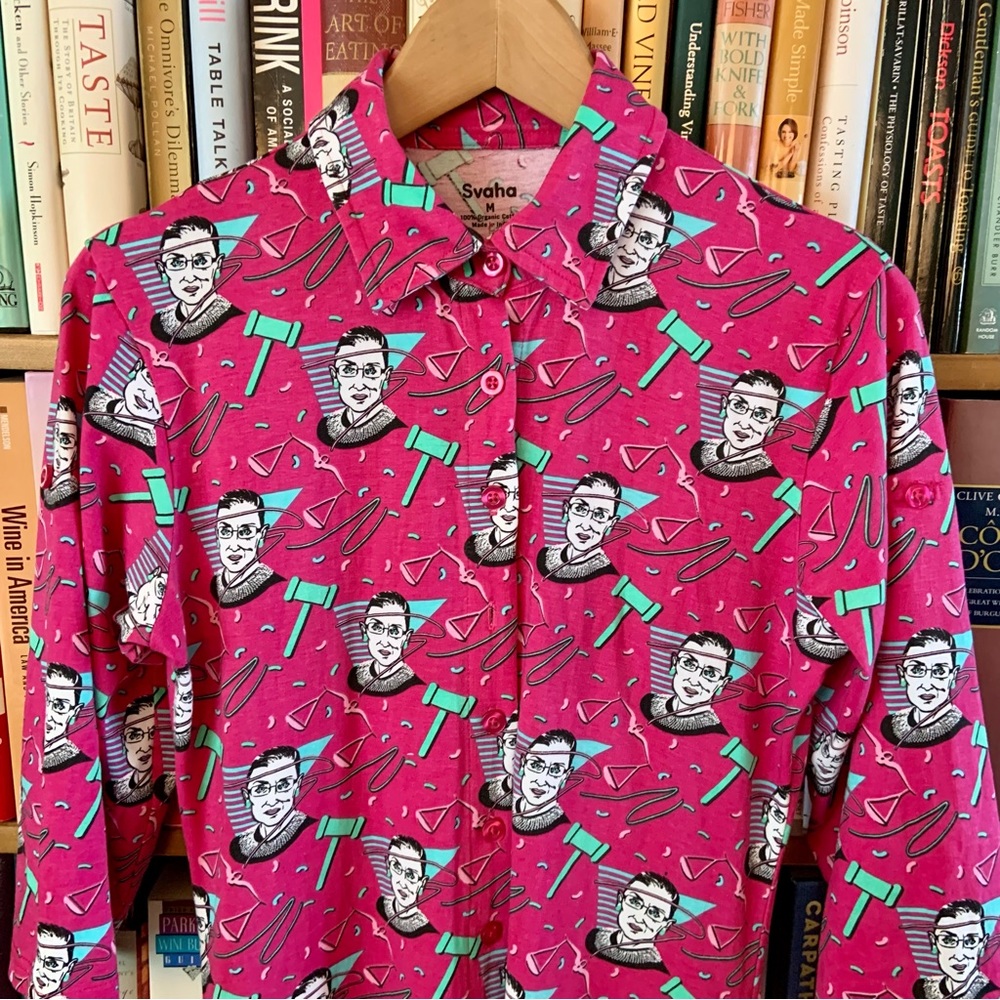 Svaha Pink Magenta Ruth Bader Ginsburg RBG Sally Button Shirt Dress POCKETS M - Picture 2 of 12